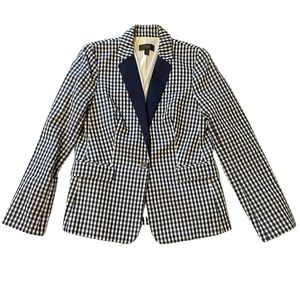 J.CREW PUCKERED GINGHAM BLAZER WITH NAVY LAPEL NAVY BLUE/ WHITE SIZE 4